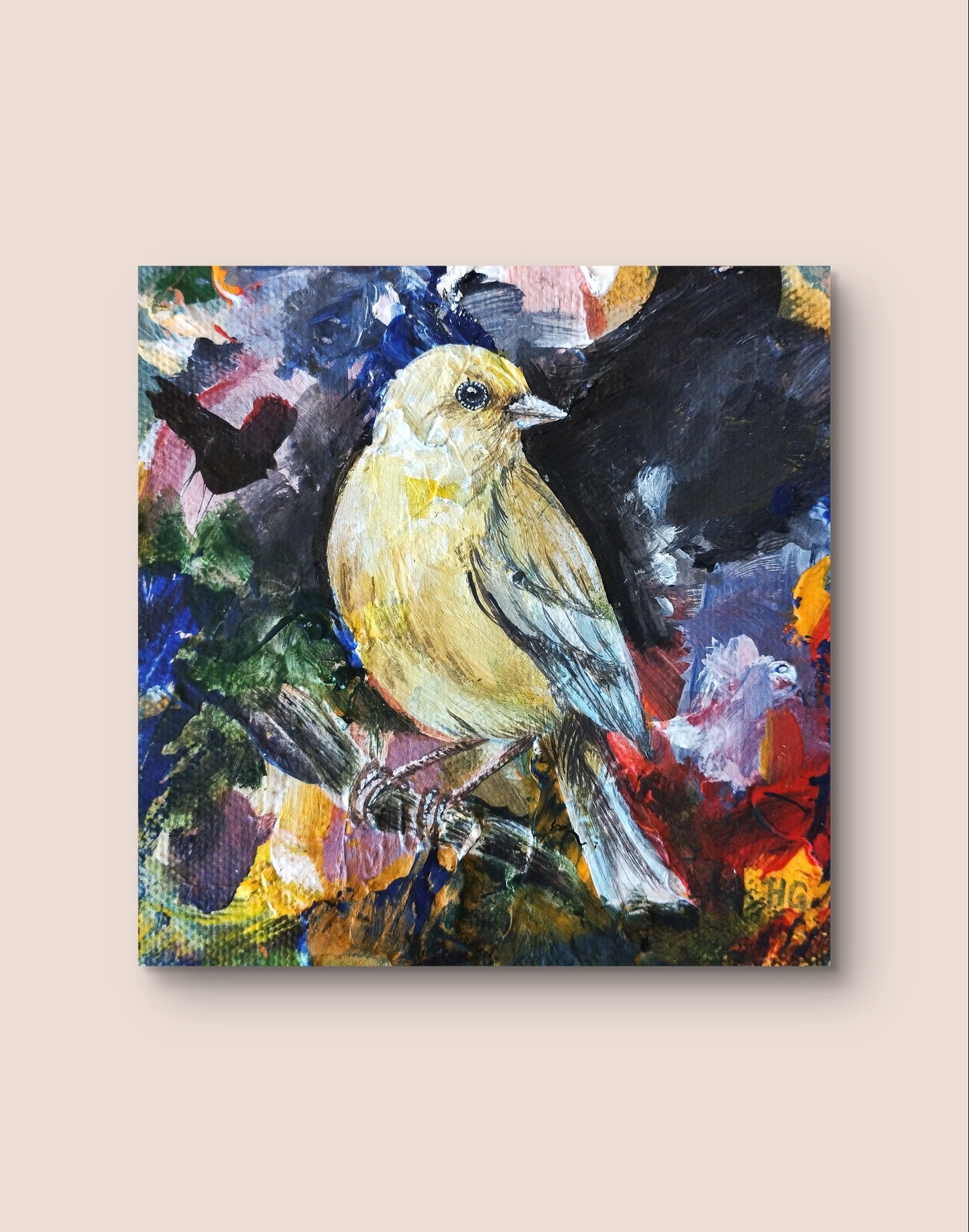 Heinz Acrylbild Acrylgemälde auf Leinwand - "Pirol" 10,5 x 10,5 cm