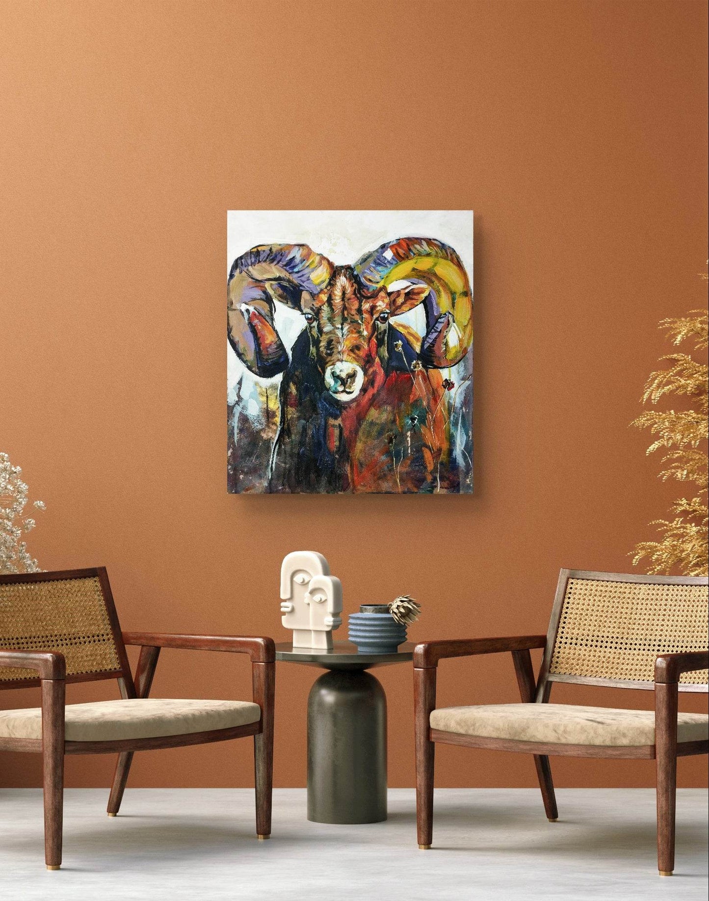 Gemälde bunter Steinbock – handgemaltes Original Acrylbild (60 x 70 cm)