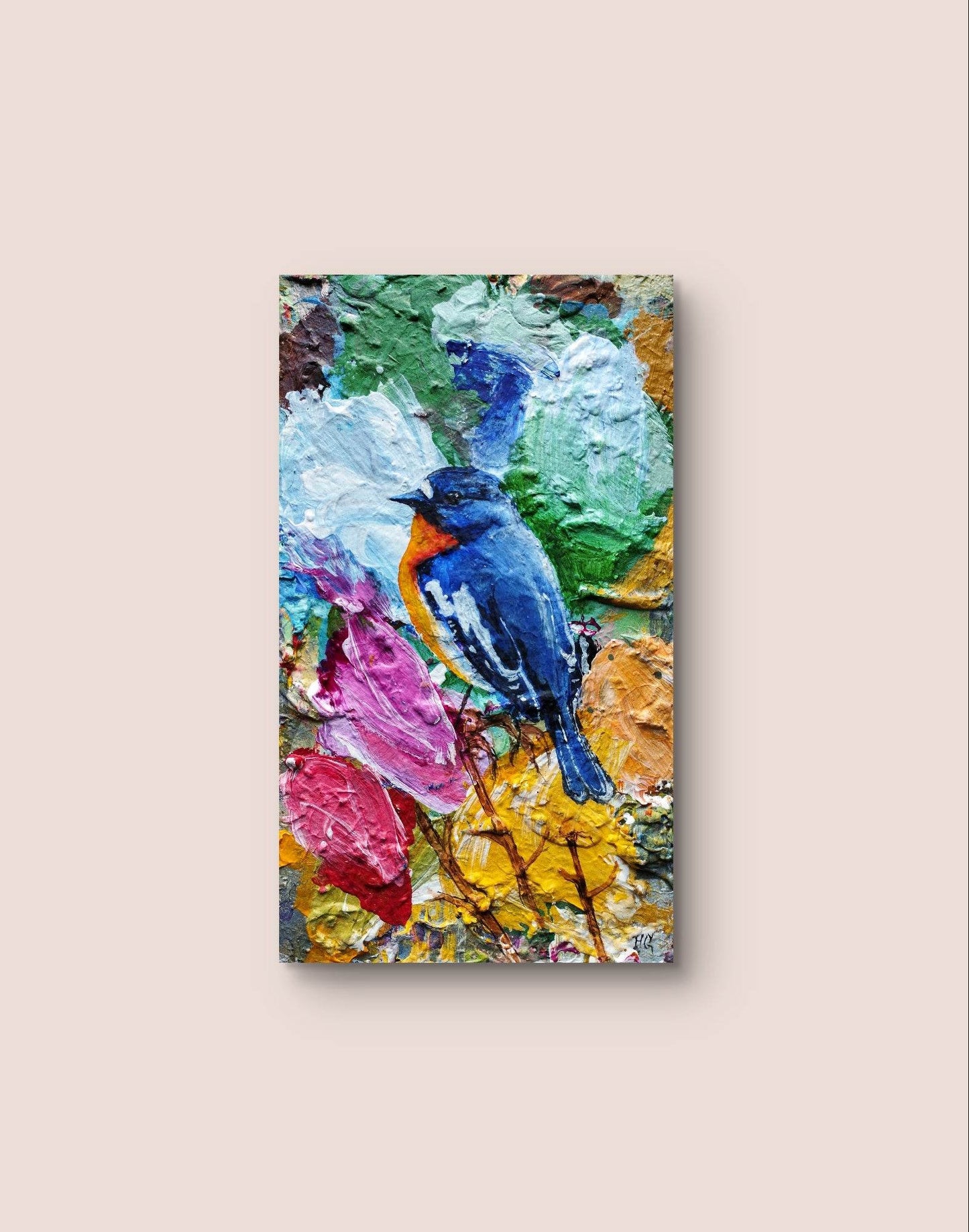 Gemälde Blauen Kehlsänger – handgemaltes Original Acrylbild (16 x 28 cm) - H1Z Art