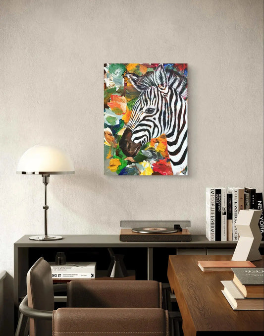 Expressiv-realistisches Gemälde Zebra auf der Savanne – handgemaltes Original Acrylbild (30 x 40 cm) auf Leinwand von H1Z ART in lebendiger Atmosphäre