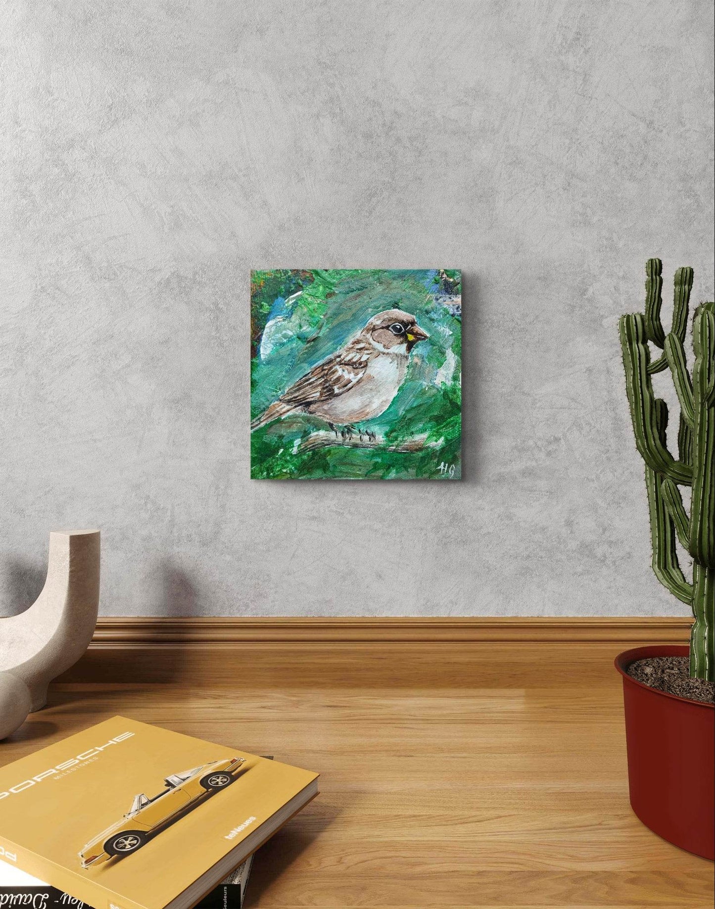 Heinz Acrylbild Wandbild Sperling Acryl auf Leinwand (10 x 10 cm)