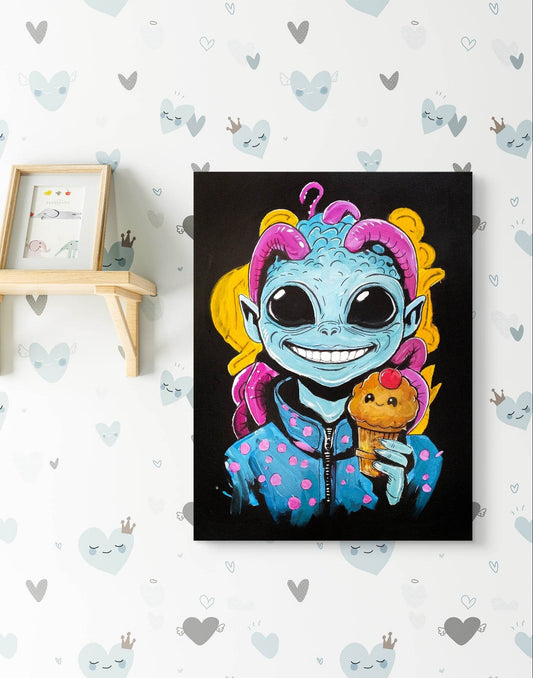 Expressiv-realistisches Gemälde Alien mit Mufin – handgemaltes Original Acrylbild (30 x 40 cm) auf Leinwand von H1Z ART in lebendiger Atmosphäre