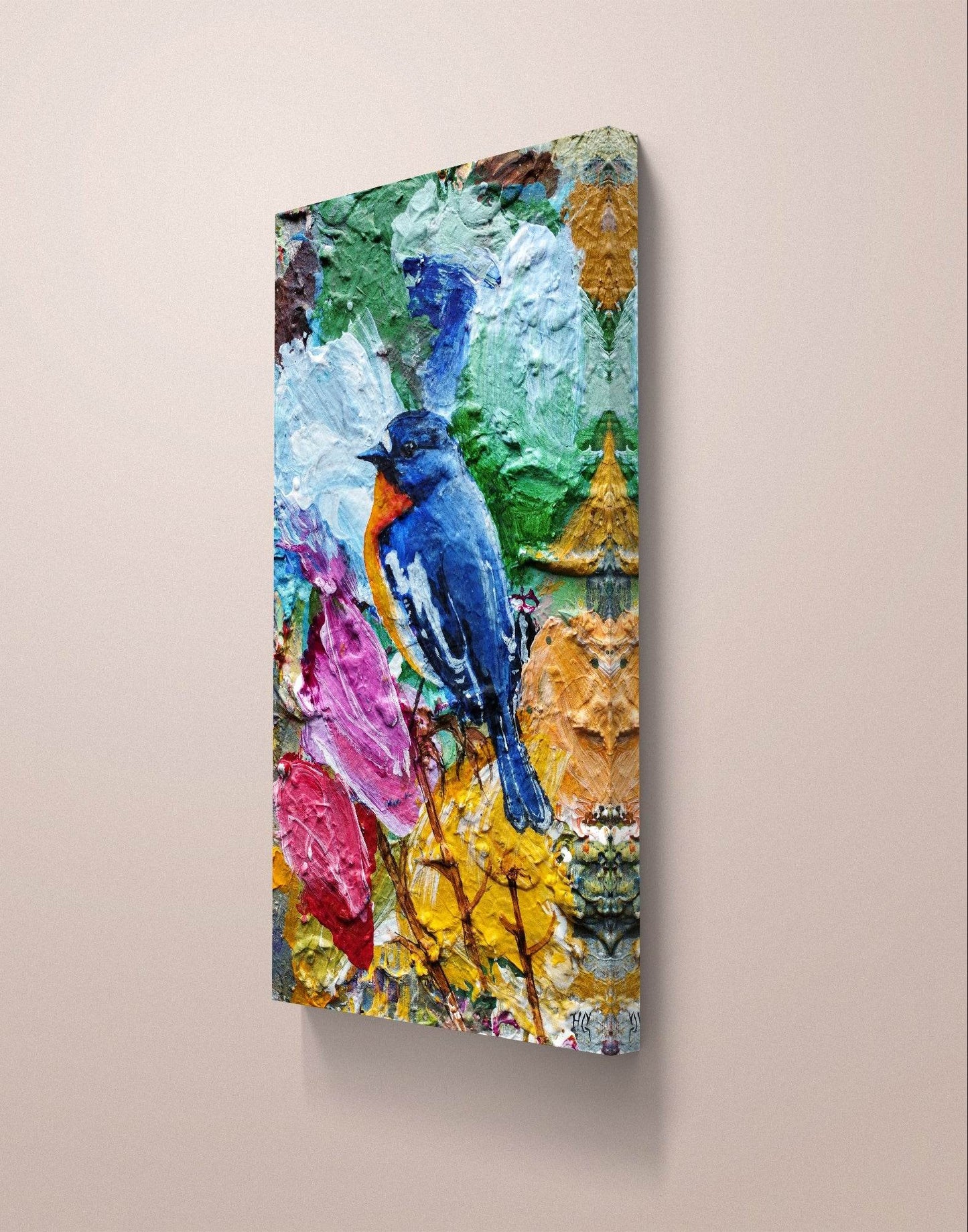 Gemälde Blauen Kehlsänger – handgemaltes Original Acrylbild (16 x 28 cm) - H1Z Art