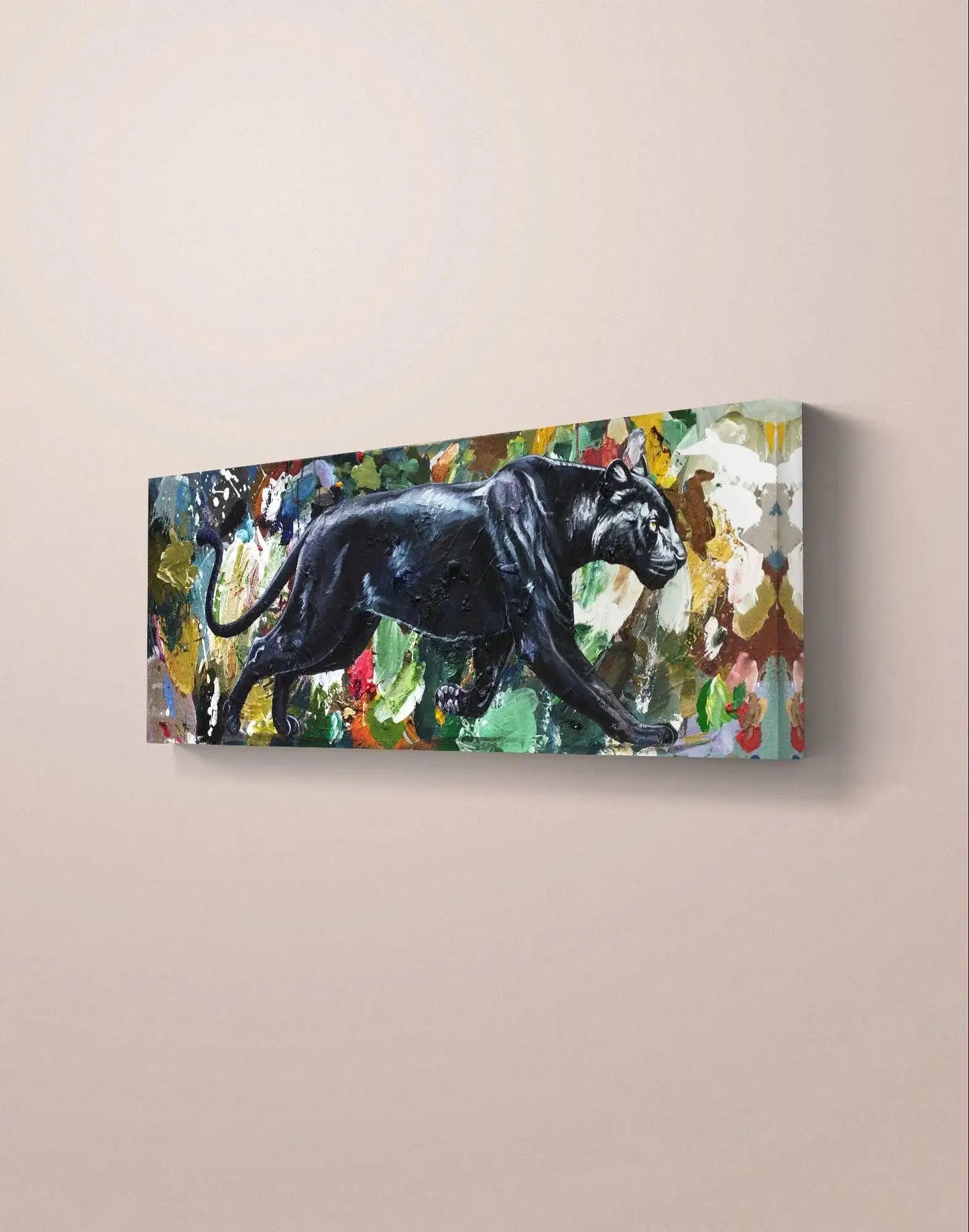 Expressiv-realistisches Gemälde Panther – handgemaltes Original Acrylbild (120 x 40 cm) auf Leinwand von H1Z ART in lebendiger Atmosphäre