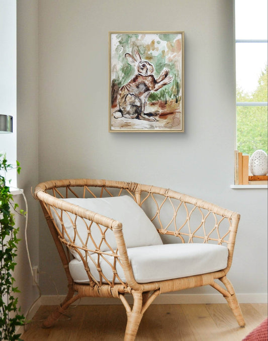 Expressiv-realistisches Aquarellbild "Hase im Wald" (30 × 40 cm) auf Leinwand von H1Z ART in lebendiger Atmosphäre