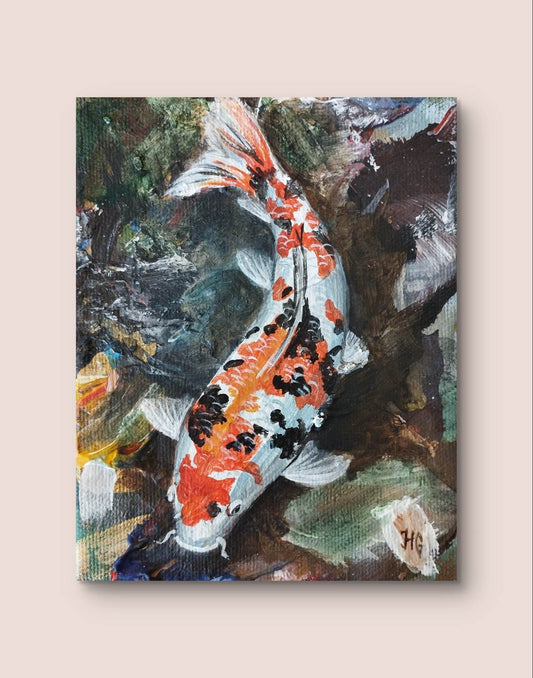 Expressiv-realistisches Gemälde Koi Karpfen III – handgemaltes Original Acrylbild (13 x 10 cm) auf Leinwand von H1Z ART in lebendiger Atmosphäre