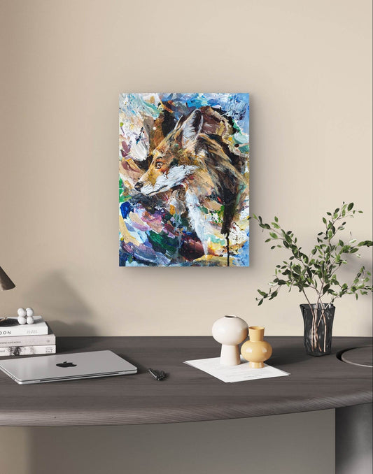 Expressiv-realistisches Gemälde Fuchs am Fluss – handgemaltes Original Acrylbild (30 x 40 cm) auf Leinwand von H1Z ART in lebendiger Atmosphäre