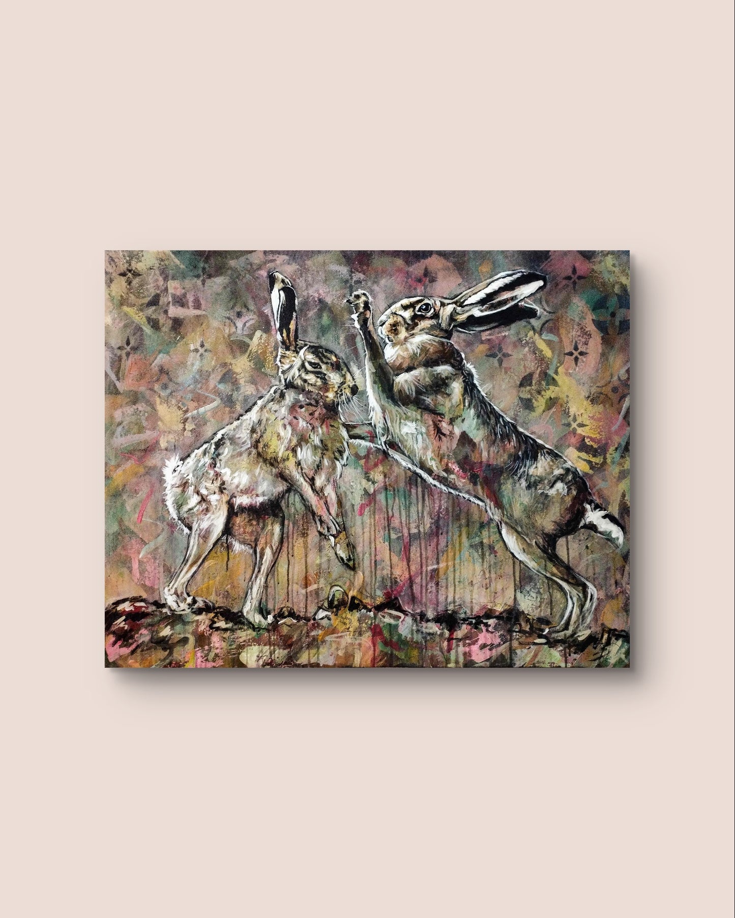 Heinz Acrylbild Acrylgemälde auf Leinwand - "Hasenkampf im Frühlicht" 100 x 80 cm