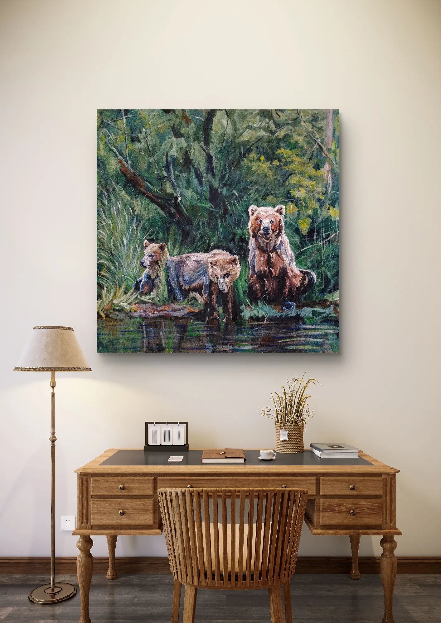 Painting Three Bears in the Forest – hand-painted original acrylic painting (100 x 100 cm)