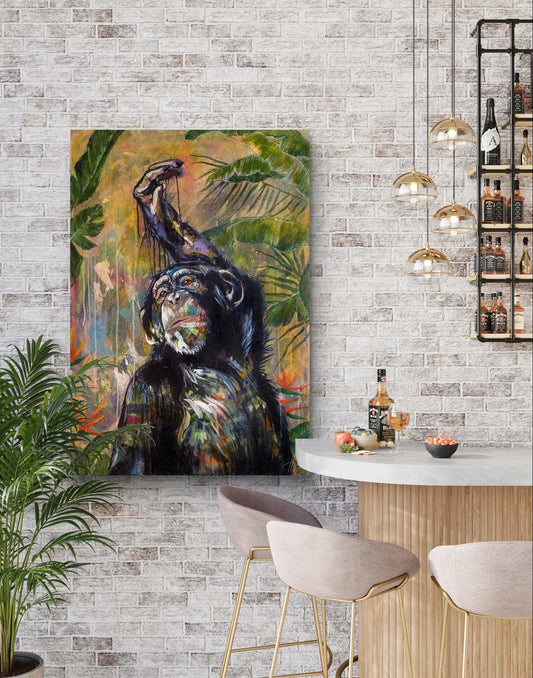 Expressiv-realistisches Gemälde eleganter Affe – handgemaltes Original Acrylbild (96 x 67 cm) auf Leinwand von H1Z ART in lebendiger Atmosphäre