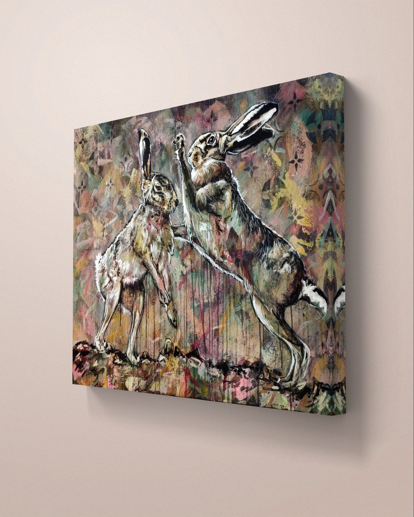 Heinz Acrylbild Acrylgemälde auf Leinwand - "Hasenkampf im Frühlicht" 100 x 80 cm