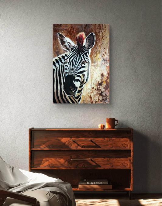 Expressiv-realistisches Gemälde Zebra im Morgenlicht – handgemaltes Original Acrylbild (50 x 70 cm) auf Leinwand von H1Z ART in lebendiger Atmosphäre