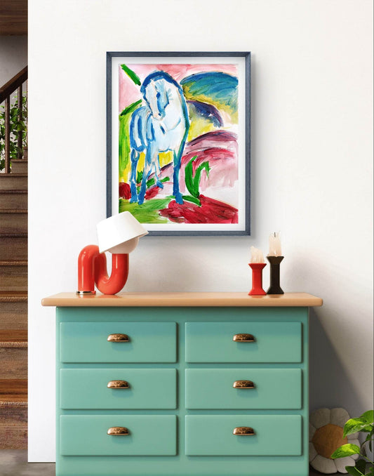 Expressiv-realistisches Aquarellbild "Der Blaue Reiter" (30 × 40 cm) auf Leinwand von H1Z ART in lebendiger Atmosphäre