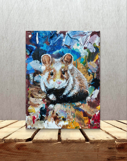 Expressiv-realistisches Gemälde Hamster – handgemaltes Original Acrylbild (18 x 24 cm) auf Leinwand von H1Z ART in lebendiger Atmosphäre