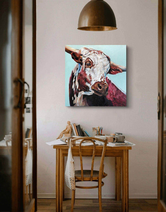 Expressiv-realistisches Gemälde Kuh II – handgemaltes Original Acrylbild (60 x 60 cm) auf Leinwand von H1Z ART in lebendiger Atmosphäre