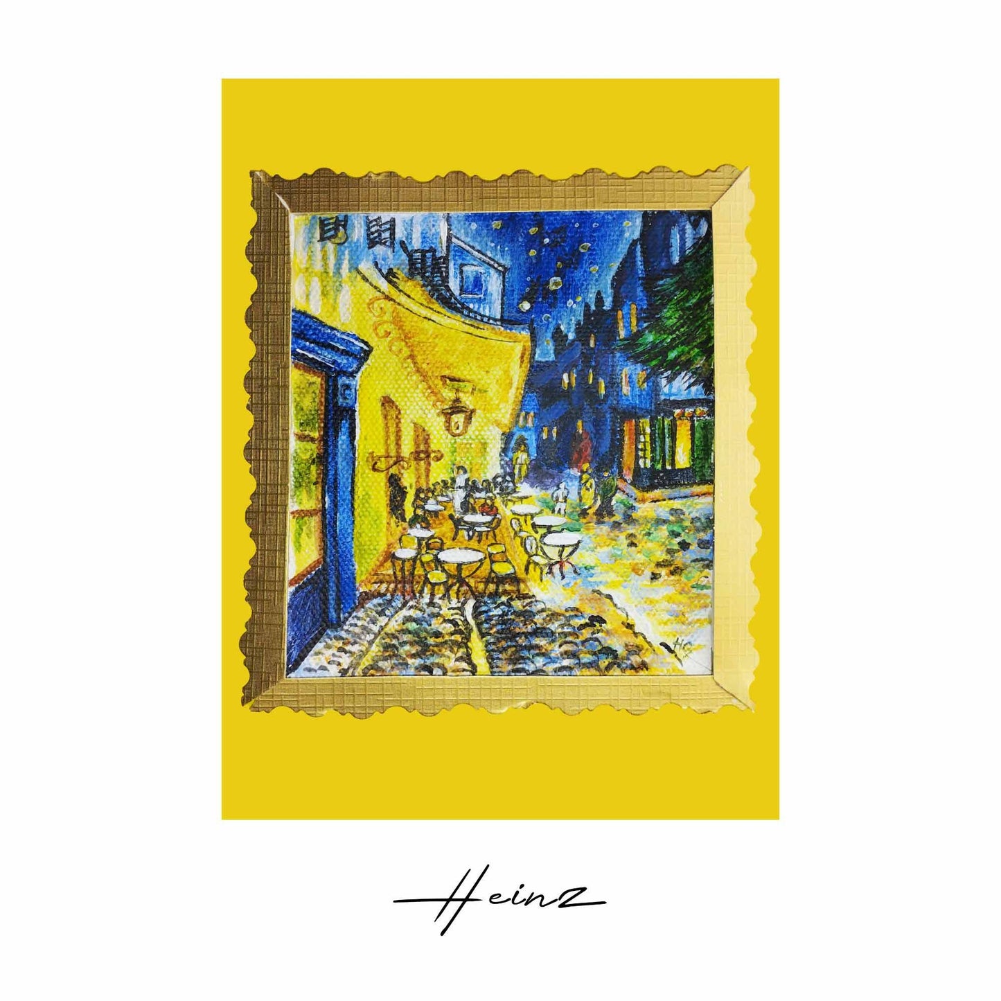 H1Z ART Acrylbild Grußkarte "Caféterrasse am Abend nach Van Gogh" – Handgemalt