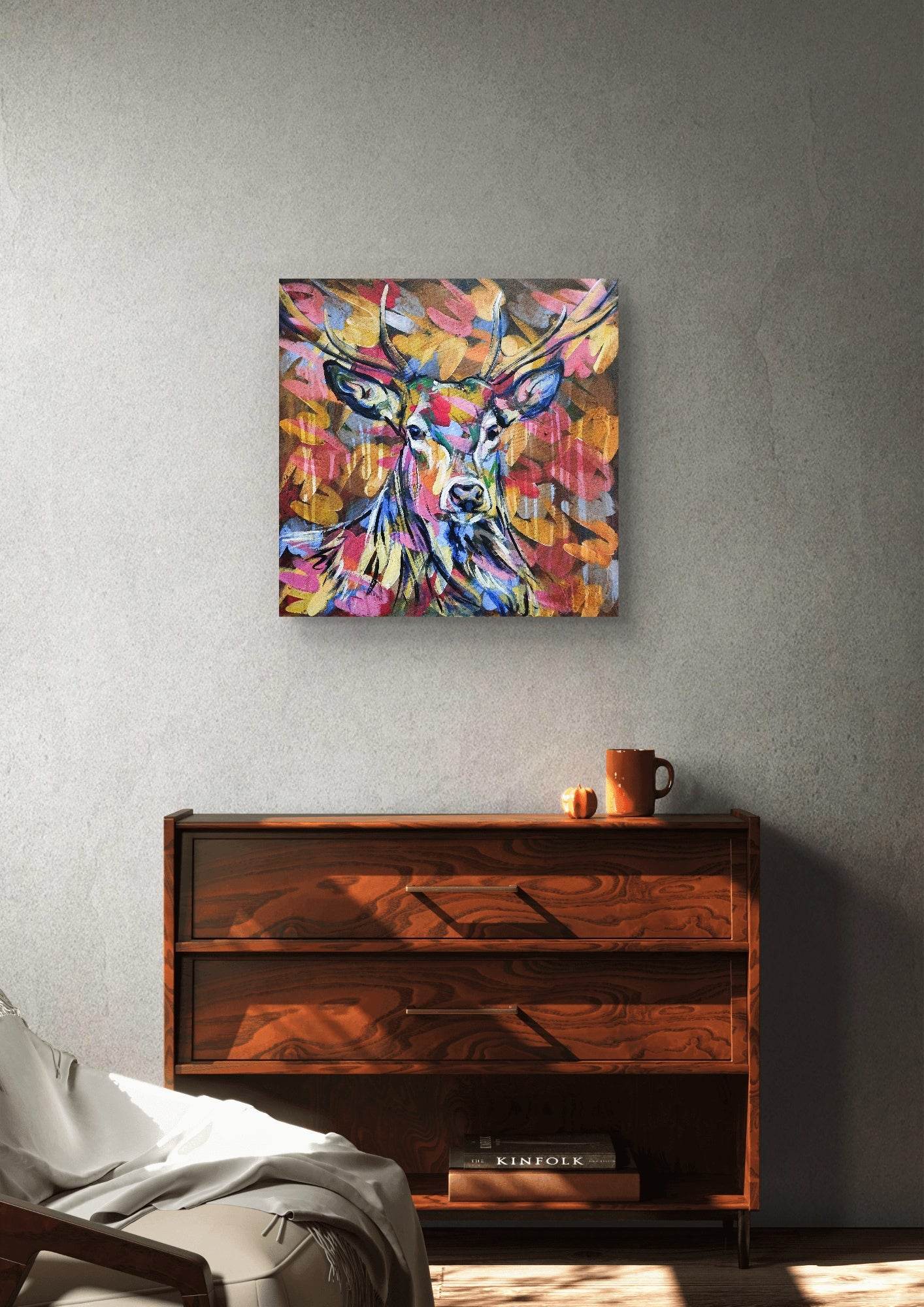 Gemälde bunter Reh – handgemaltes Original Acrylbild (60 x 60 cm)