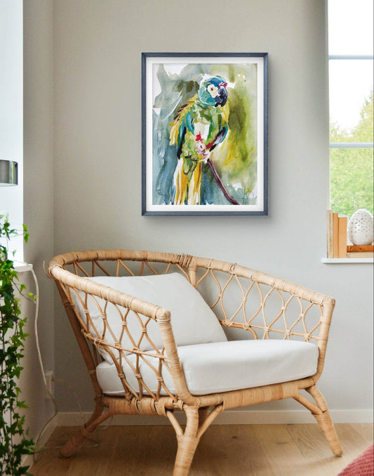 Expressiv-realistisches Aquarellbild "Papagei im Grün" (30 × 40 cm) auf Leinwand von H1Z ART in lebendiger Atmosphäre