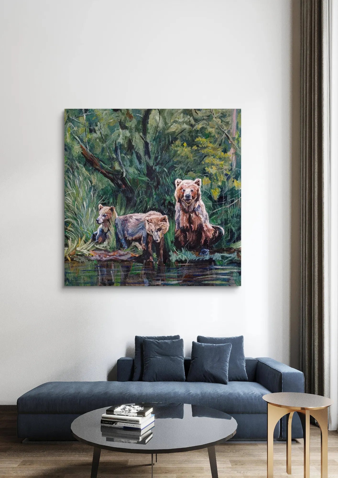 Painting Three Bears in the Forest – hand-painted original acrylic painting (100 x 100 cm)