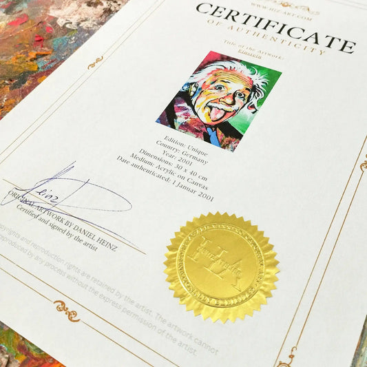 Detailaufnahme des Echtheitszertifikats mit Künstlersignatur und goldenem HEINZ ATELIER Siegel.
