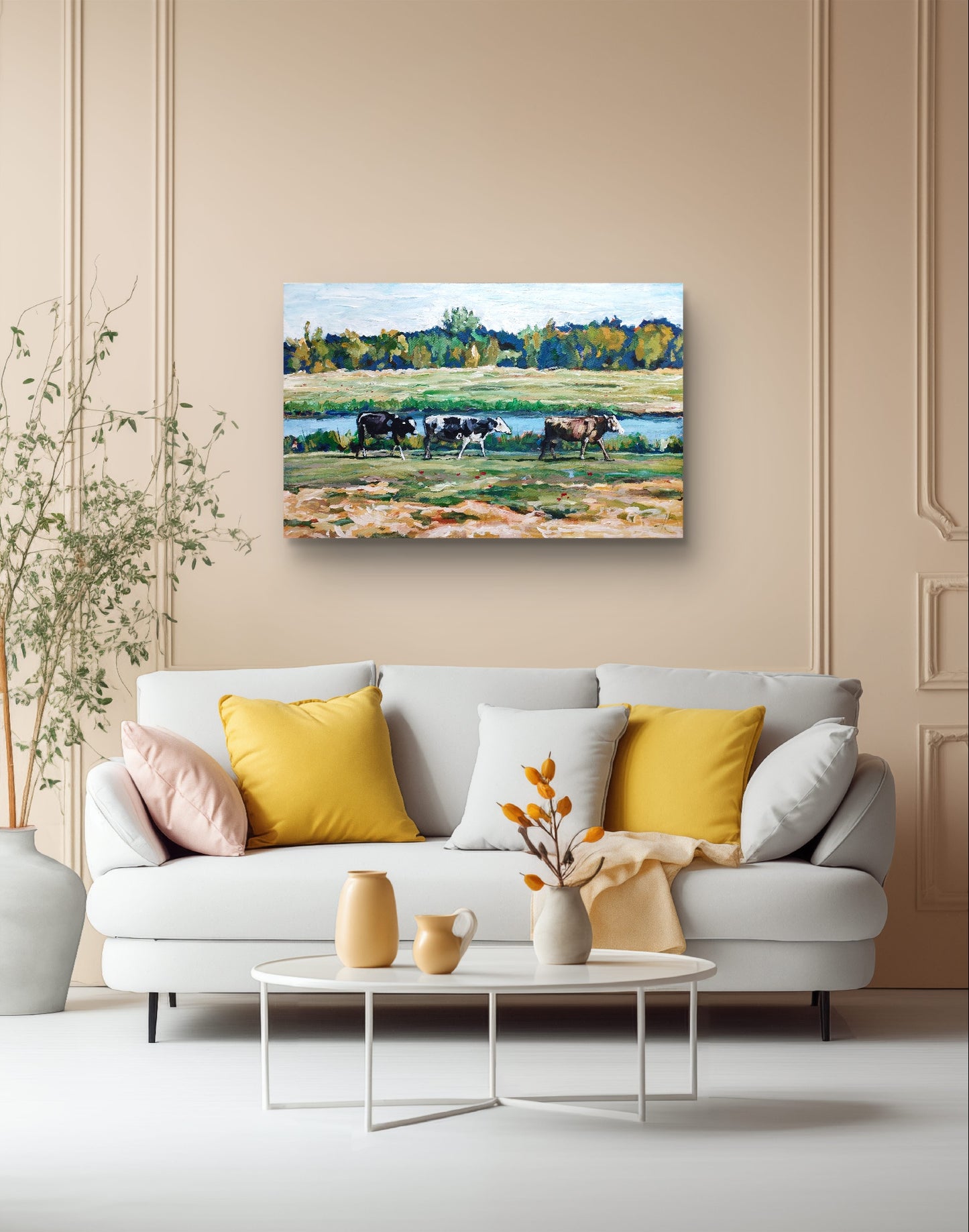 Heinz Acrylbild Acrylgemälde auf Leinwand - „Am Fluss der Kühe – Ein Sommertag“ 95 x 60 cm