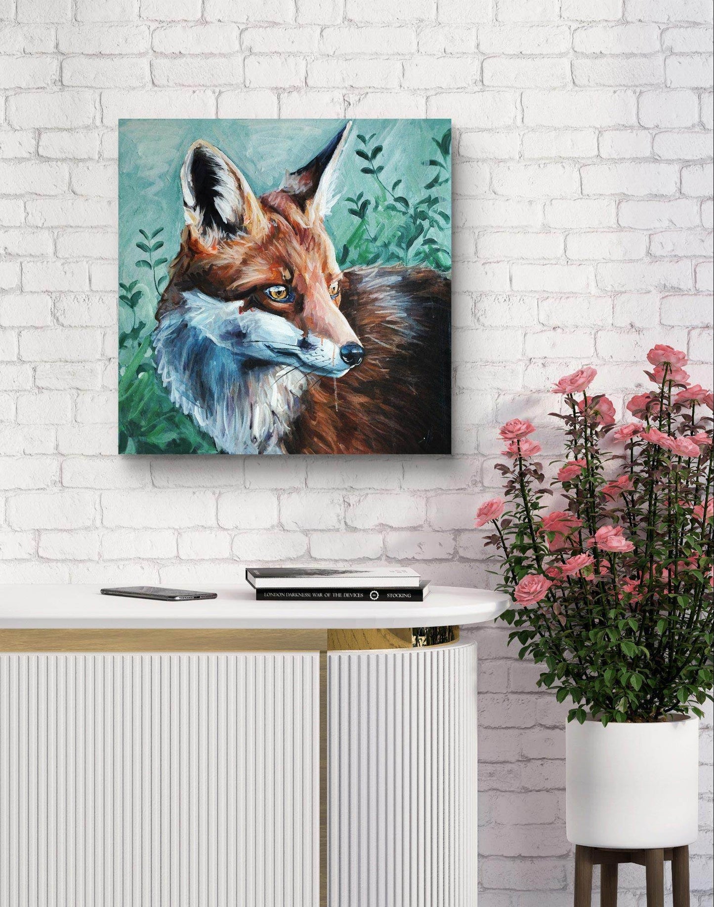 H1Z ART Acrylbild Gemälde Fuchs am Bach – handgemaltes Original Acrylbild (70 x 70 cm)