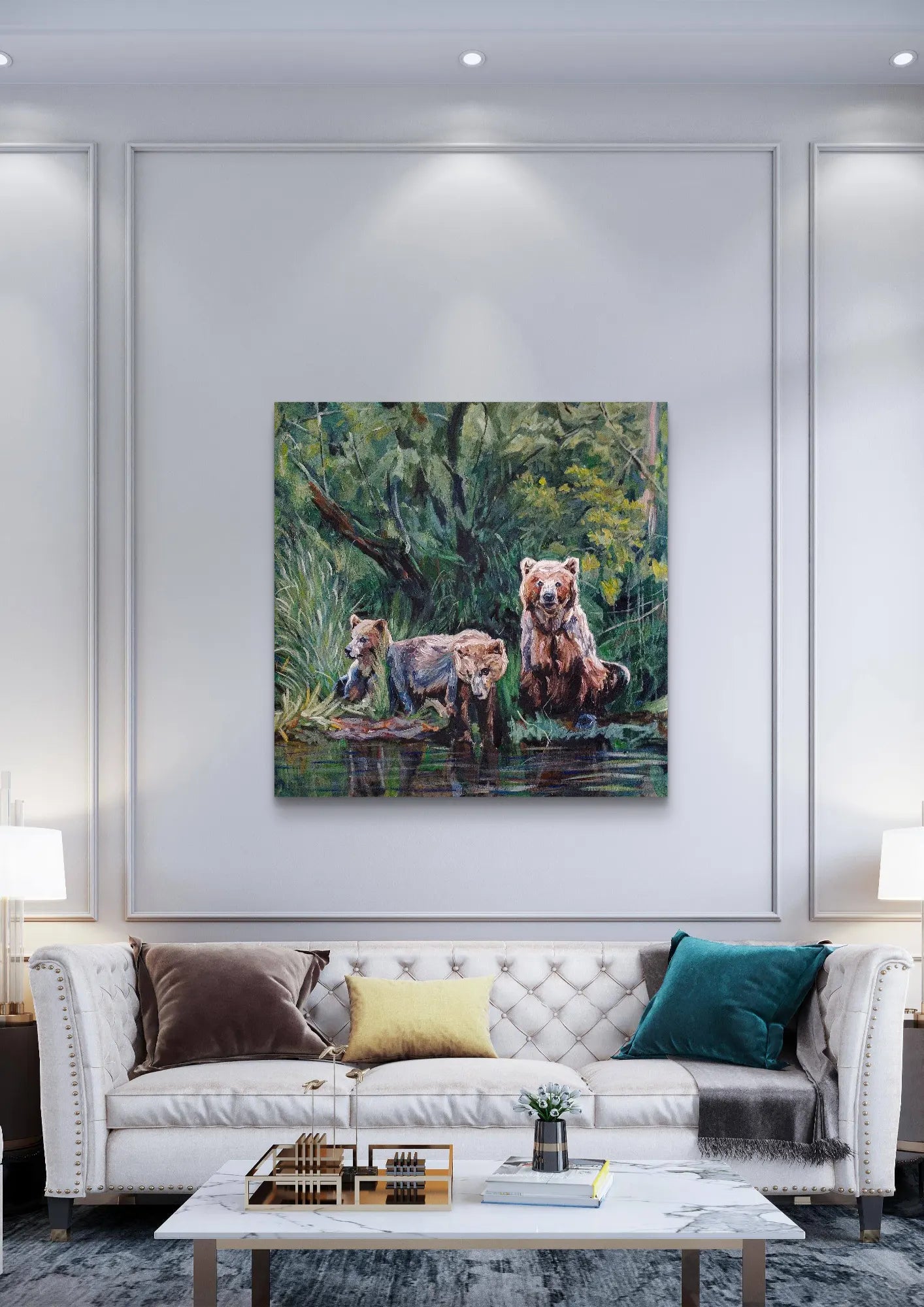 Painting Three Bears in the Forest – hand-painted original acrylic painting (100 x 100 cm)