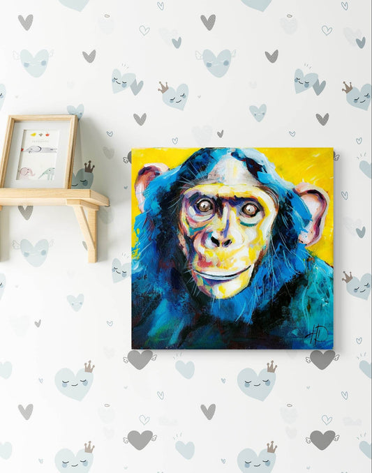 Expressiv-realistisches Gemälde kaputter Affe – handgemaltes Original Acrylbild (40 x 40 cm) auf Leinwand von H1Z ART in lebendiger Atmosphäre