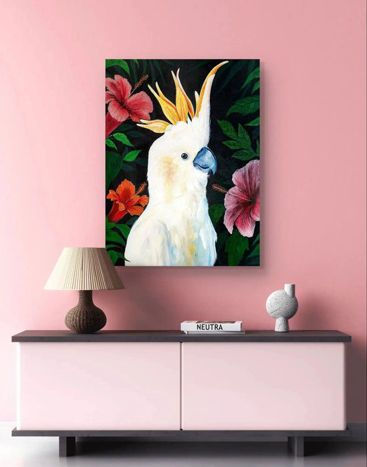 Expressiv-realistisches Gemälde Kakadu Kontrast – handgemaltes Original Acrylbild (80 x 60 cm) auf Leinwand von H1Z ART in lebendiger Atmosphäre