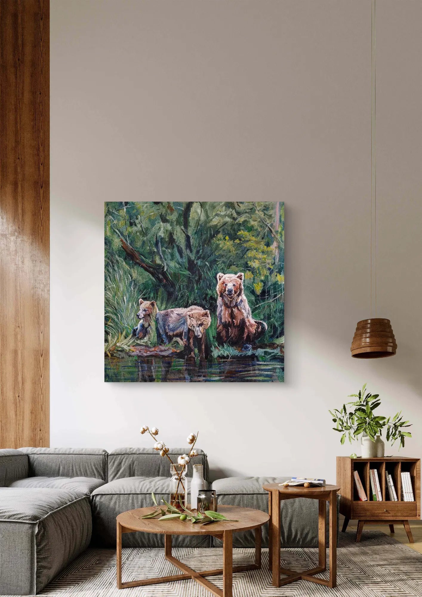 Painting Three Bears in the Forest – hand-painted original acrylic painting (100 x 100 cm)