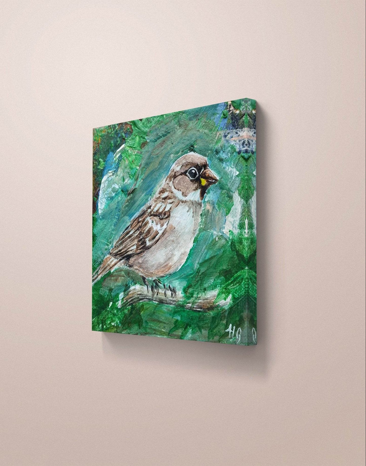 Heinz Acrylbild Wandbild Sperling Acryl auf Leinwand (10 x 10 cm)