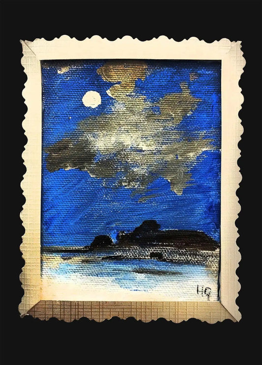 Expressiv-realistisches Grußkarte "Mitternachtshorizont" – Handgemalt auf Leinwand von H1Z ART in lebendiger Atmosphäre