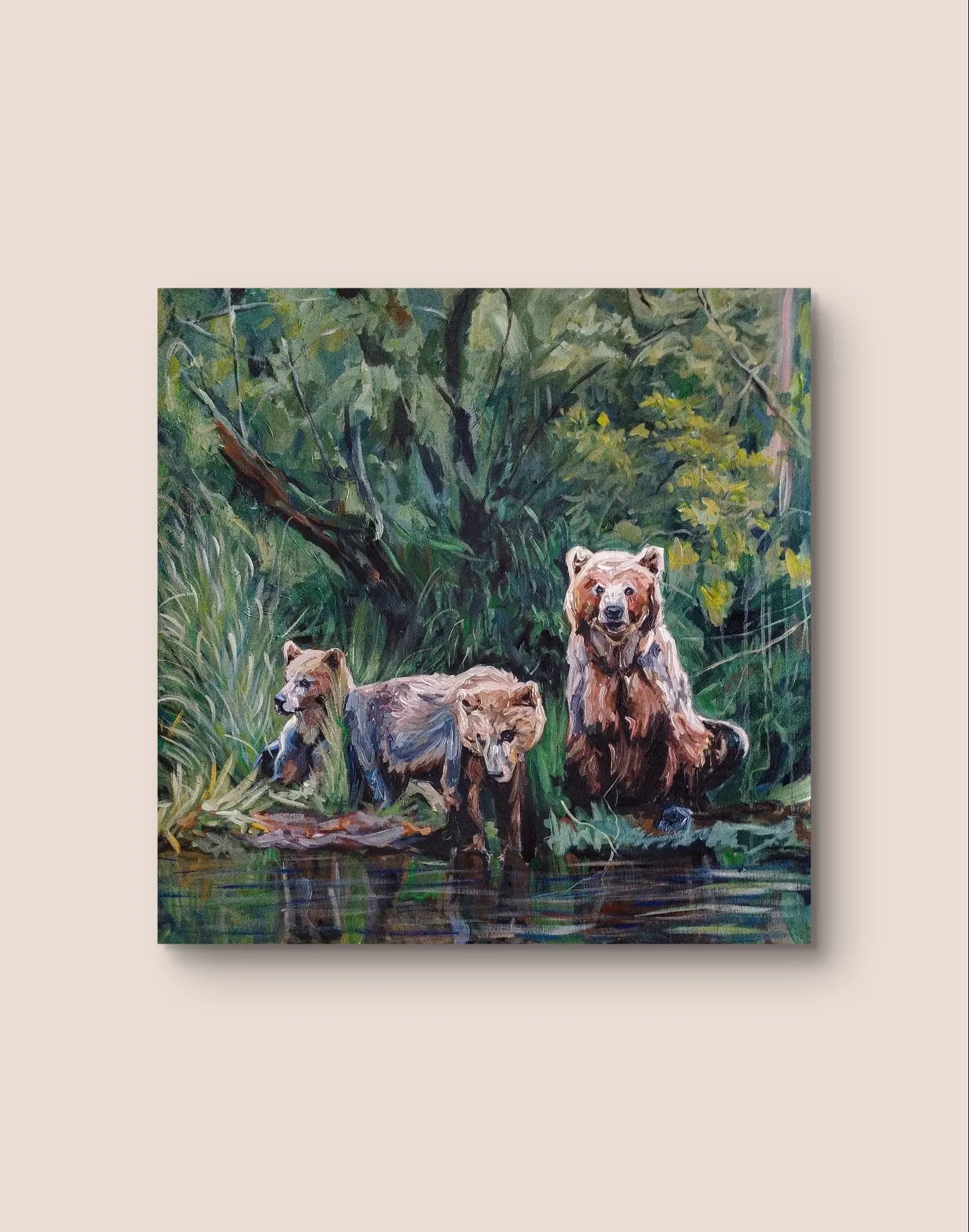 Painting Three Bears in the Forest – hand-painted original acrylic painting (100 x 100 cm)