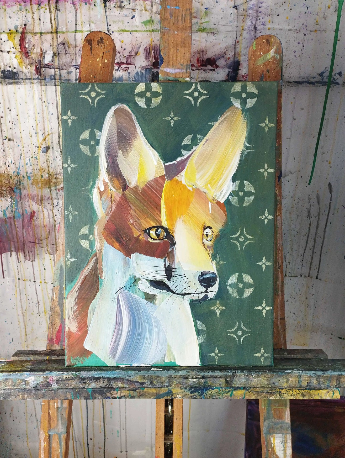 Heinz Acrylbild Acrylgemälde auf Leinwand - "Winterfuchs und Schneeflocken" 30 x 40 cm