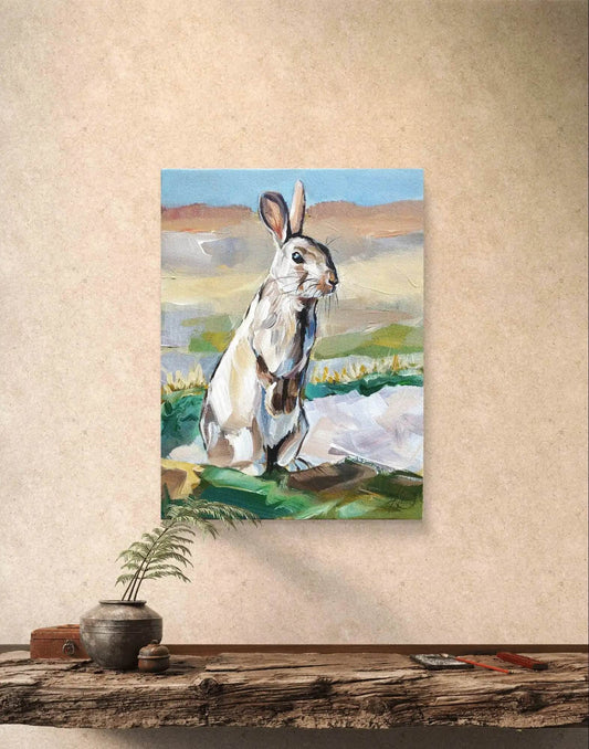 Expressiv-realistisches Gemälde perspektive Feldhase – handgemaltes Original Acrylbild (30 x 40 cm) auf Leinwand von H1Z ART in lebendiger Atmosphäre