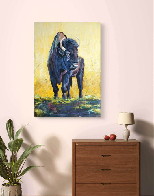 Expressiv-realistisches Gemälde Bison – handgemaltes Original Acrylbild (100 x 70 cm) auf Leinwand von H1Z ART in lebendiger Atmosphäre