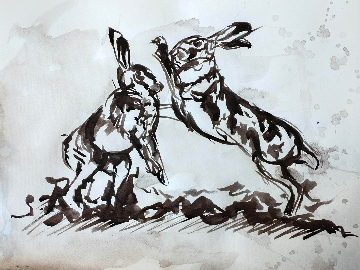 Aquarellbild „Hasen im Streit“ – Handgemaltes Tiermotiv (30 × 40 cm)