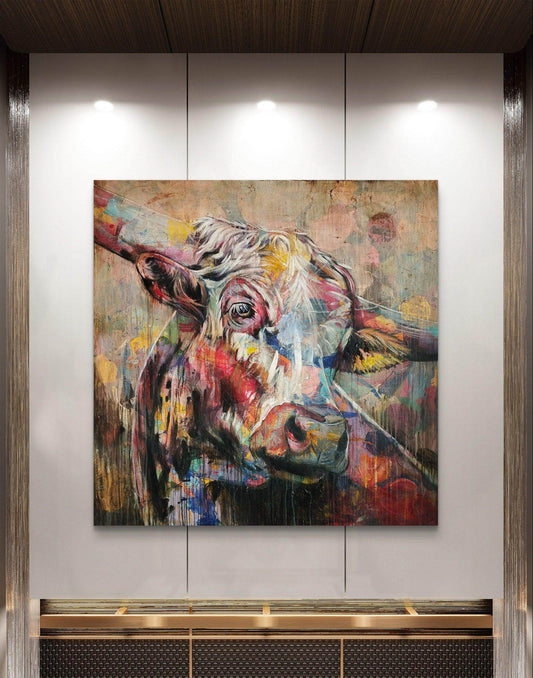 Expressiv-realistisches Gemälde Mozarts Kuh – handgemaltes Original Acrylbild (140 x 140 cm) auf Leinwand von H1Z ART in lebendiger Atmosphäre