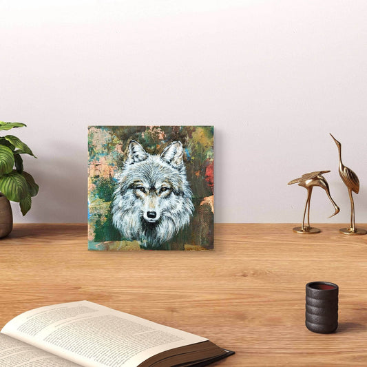 Expressiv-realistisches Gemälde grauer Wolf – handgemaltes Original Acrylbild (10 x 10 cm) auf Leinwand von H1Z ART in lebendiger Atmosphäre
