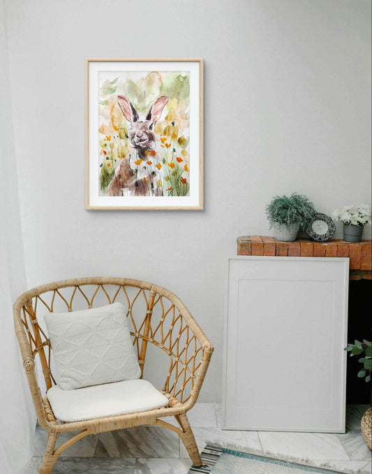 Expressiv-realistisches Aquarellbild "Der Feldhase" (30 × 40 cm) auf Leinwand von H1Z ART in lebendiger Atmosphäre