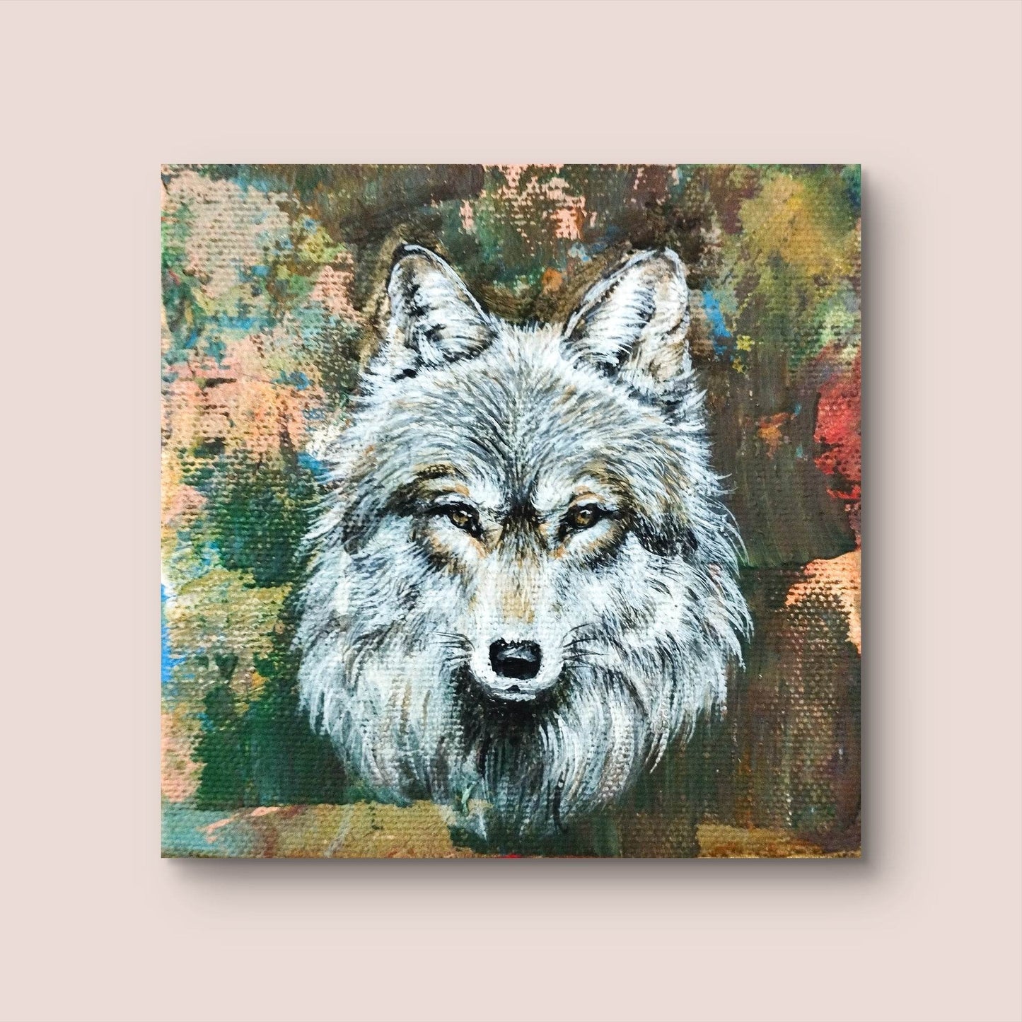 Gemälde grauer Wolf – handgemaltes Original Acrylbild (10 x 10 cm)