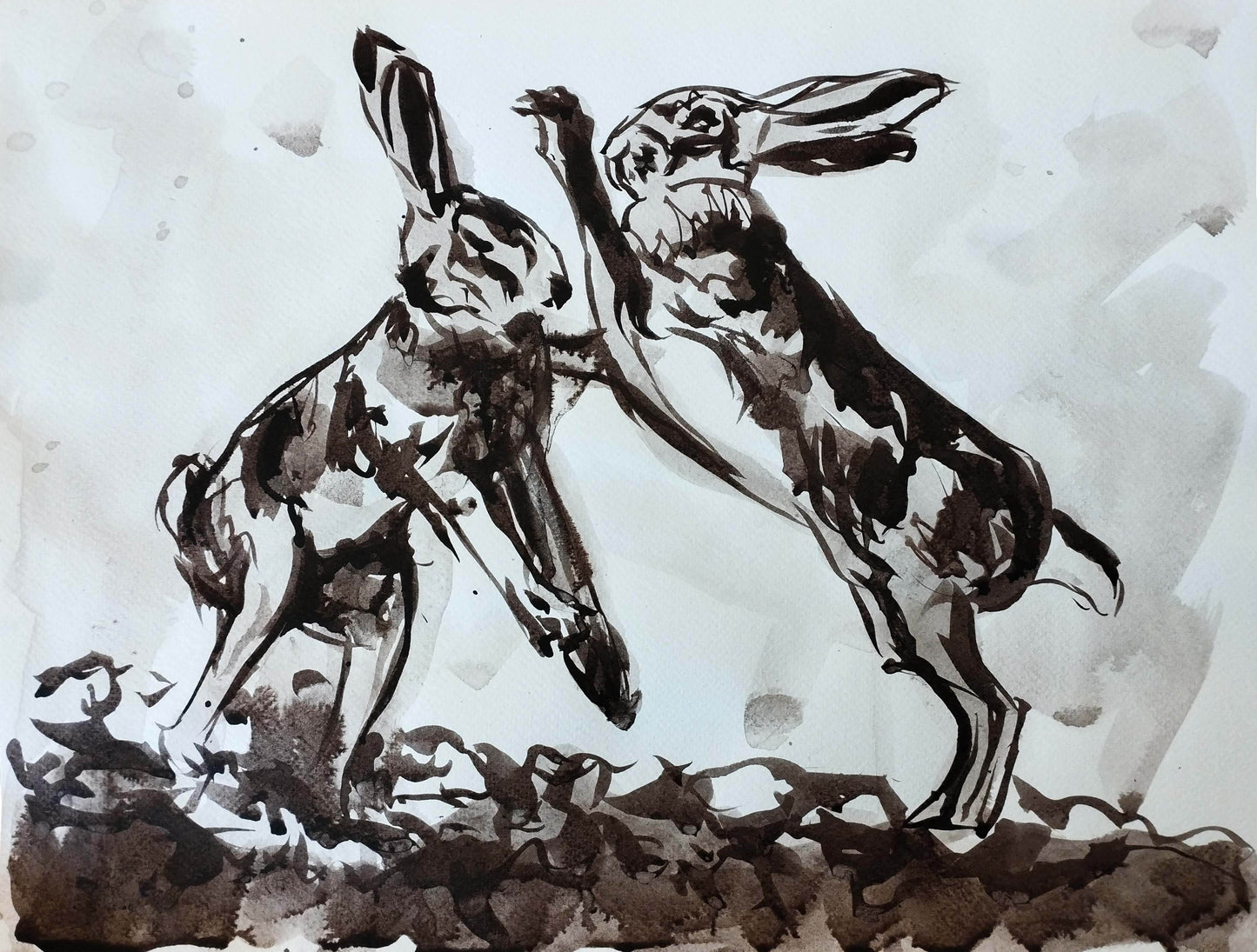 Aquarellbild „Hasen im Streit“ – Handgemaltes Tiermotiv (30 × 40 cm)