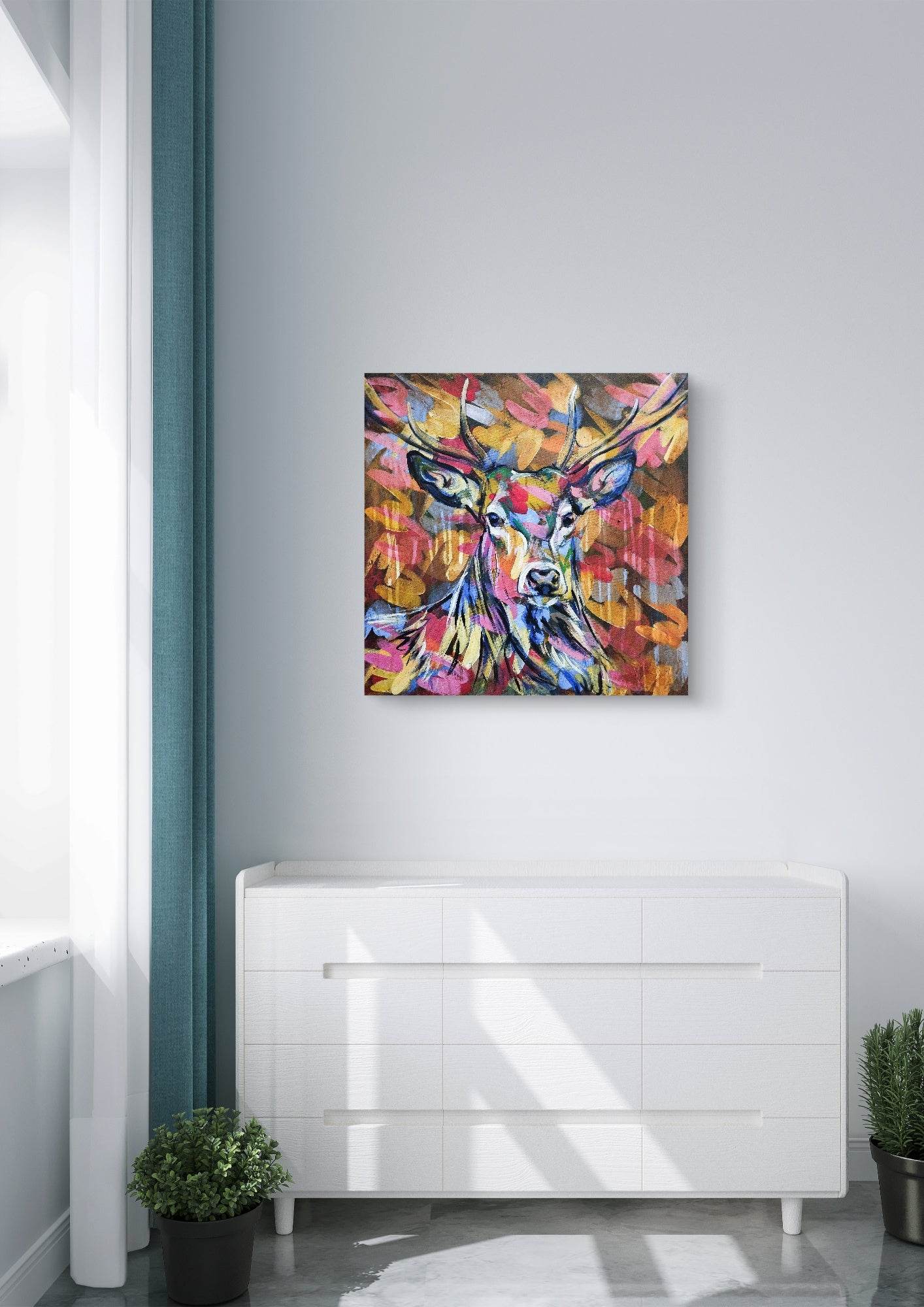 Gemälde bunter Reh – handgemaltes Original Acrylbild (60 x 60 cm)