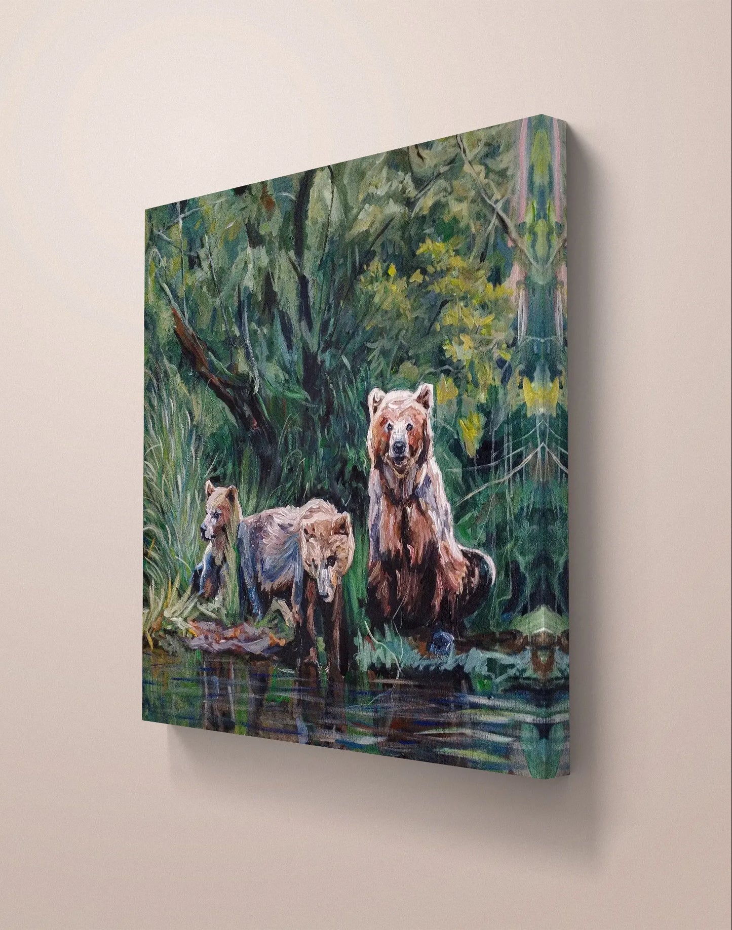Painting Three Bears in the Forest – hand-painted original acrylic painting (100 x 100 cm)