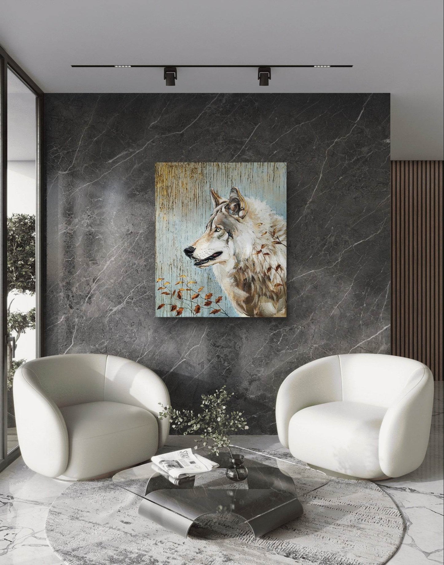 Heinz Acrylbild Gemälde goldener Wolf – handgemaltes Original Acrylbild (112 x 95 cm)
