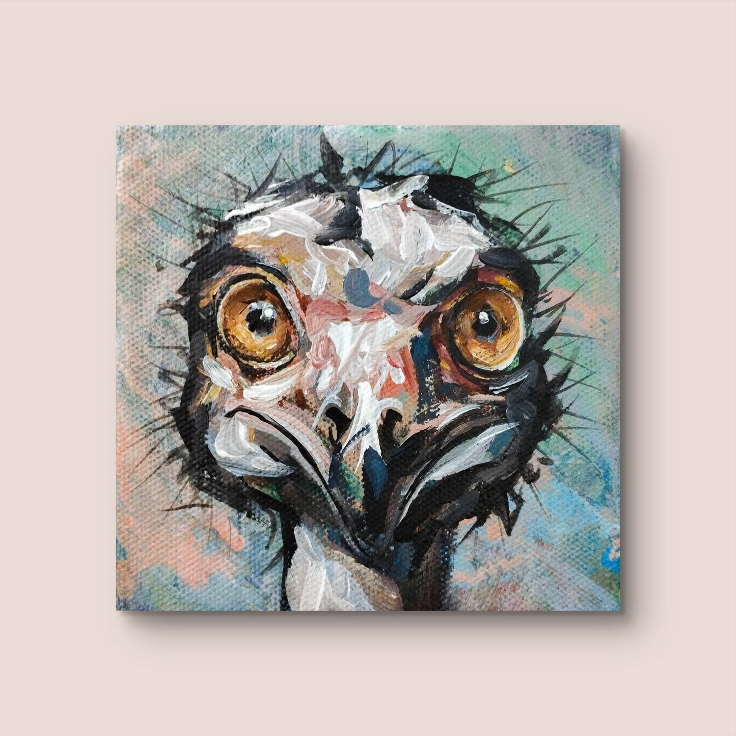 H1Z ART Acrylbild Gemälde Strauß – handgemaltes Original Acrylbild (10 x 10 cm)