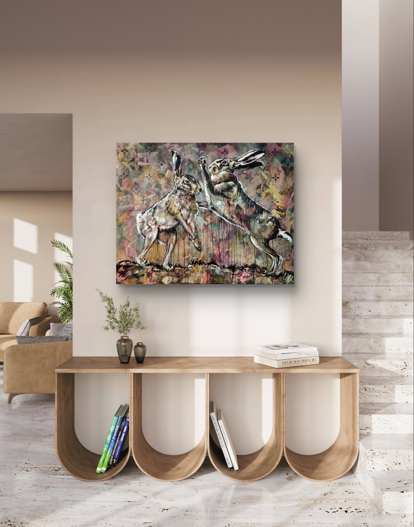 Heinz Acrylbild Acrylgemälde auf Leinwand - "Hasenkampf im Frühlicht" 100 x 80 cm