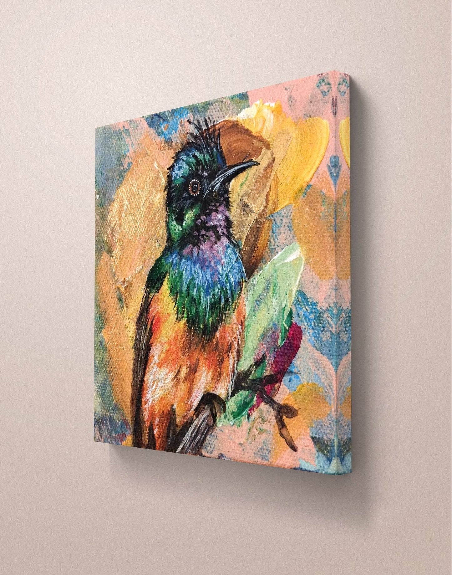 H1Z ART Acrylbild Gemälde Goldbrust-Nektarvogel – handgemaltes Original Acrylbild (10 x 10 cm)