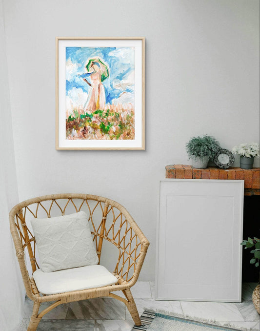 Expressiv-realistisches Aquarellbild "Frau mit Sonnenschirm" (30 × 40 cm) auf Leinwand von H1Z ART in lebendiger Atmosphäre