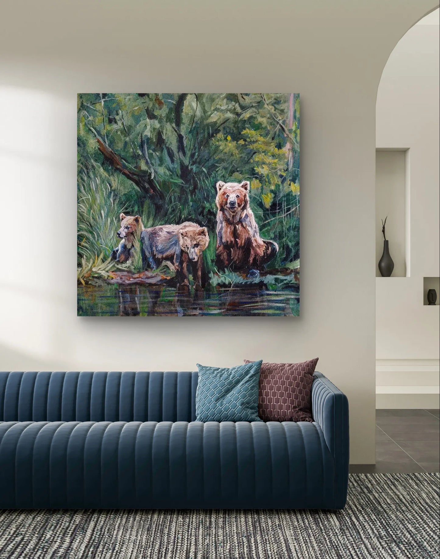 Painting Three Bears in the Forest – hand-painted original acrylic painting (100 x 100 cm)
